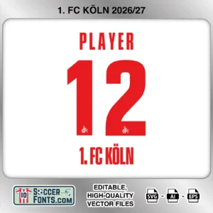 1. FC Köln 2026-27 football shirt font on home jersey mockup with player name and number