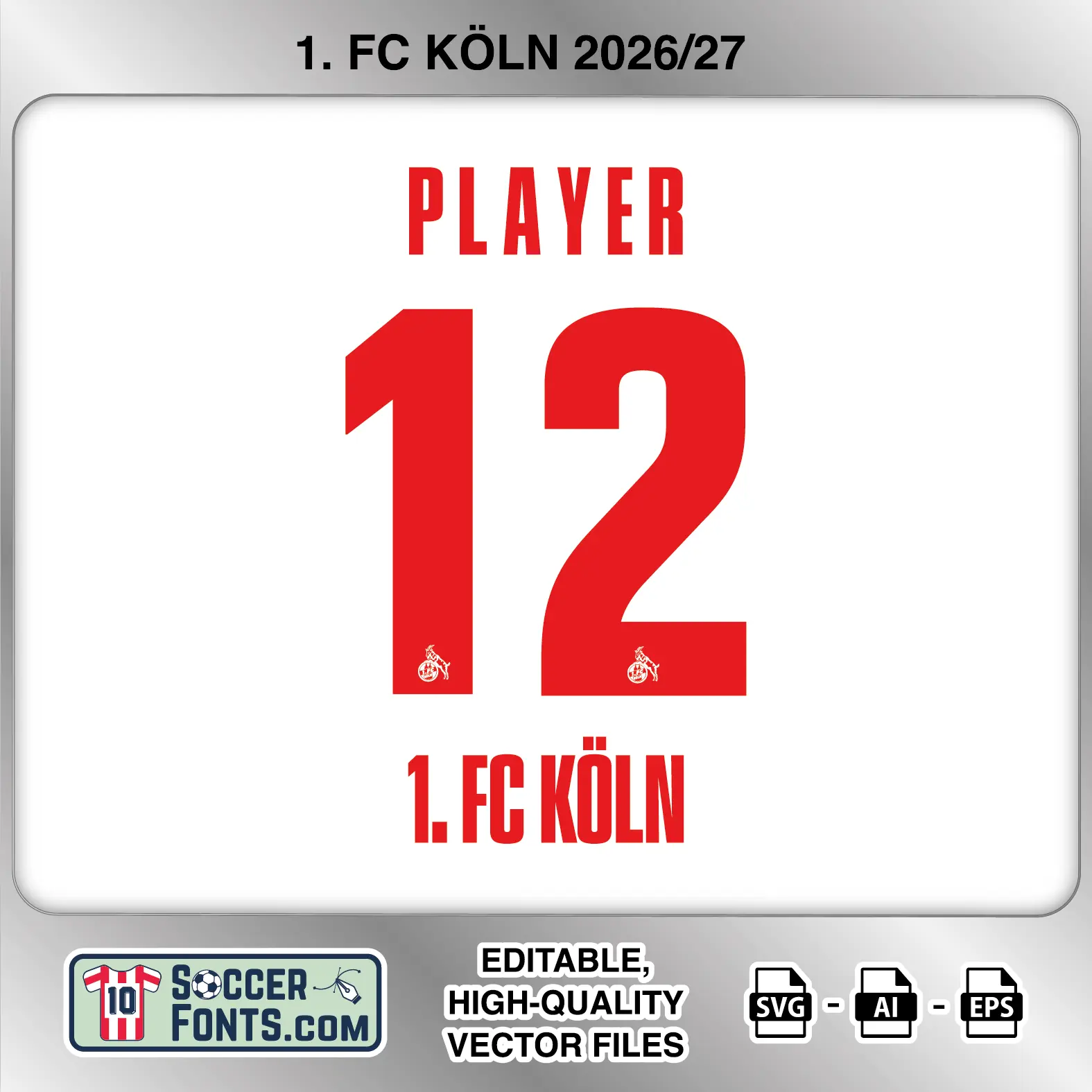 1. FC Köln 2026-27 football shirt font on home jersey mockup with player name and number