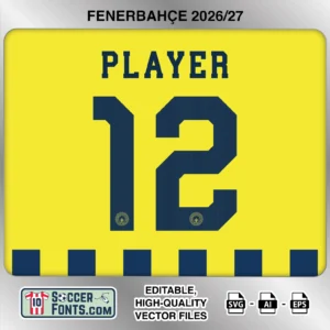 Fenerbahçe 2026-27 football shirt font on home jersey mockup with player name and number