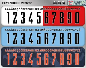 Feyenoord 2026-27 football shirt font showing alphabet letters and jersey numbers
