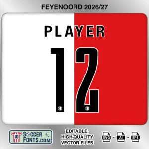 Feyenoord 2026-27 football shirt font on home jersey mockup with player name and number