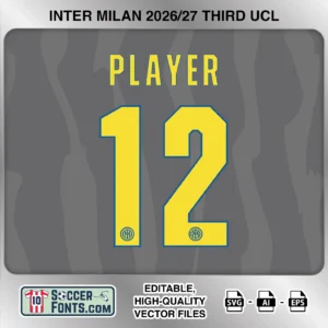 Inter Milan 2026-27 UCL third football shirt font on jersey mockup with player name and number
