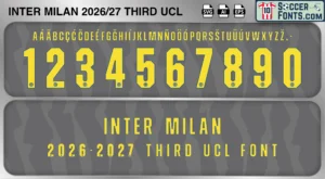 Inter Milan 2026-27 UCL third football shirt font showing alphabet letters and jersey numbers