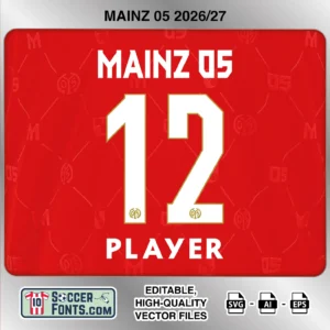 Mainz 05 2026-27 football shirt font on home jersey mockup with player name and number