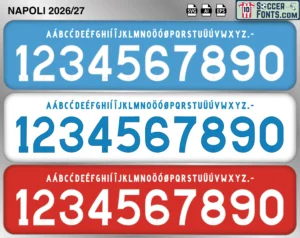 SSC Napoli 2026-27 football shirt font showing alphabet letters and jersey numbers