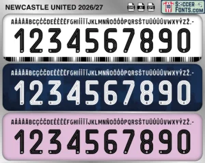 Newcastle United 2026-27 football shirt font showing alphabet letters and jersey numbers