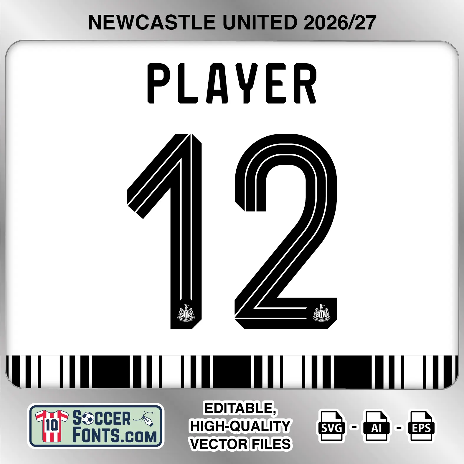 Newcastle United 2026-27 football shirt font on home jersey mockup with player name and number