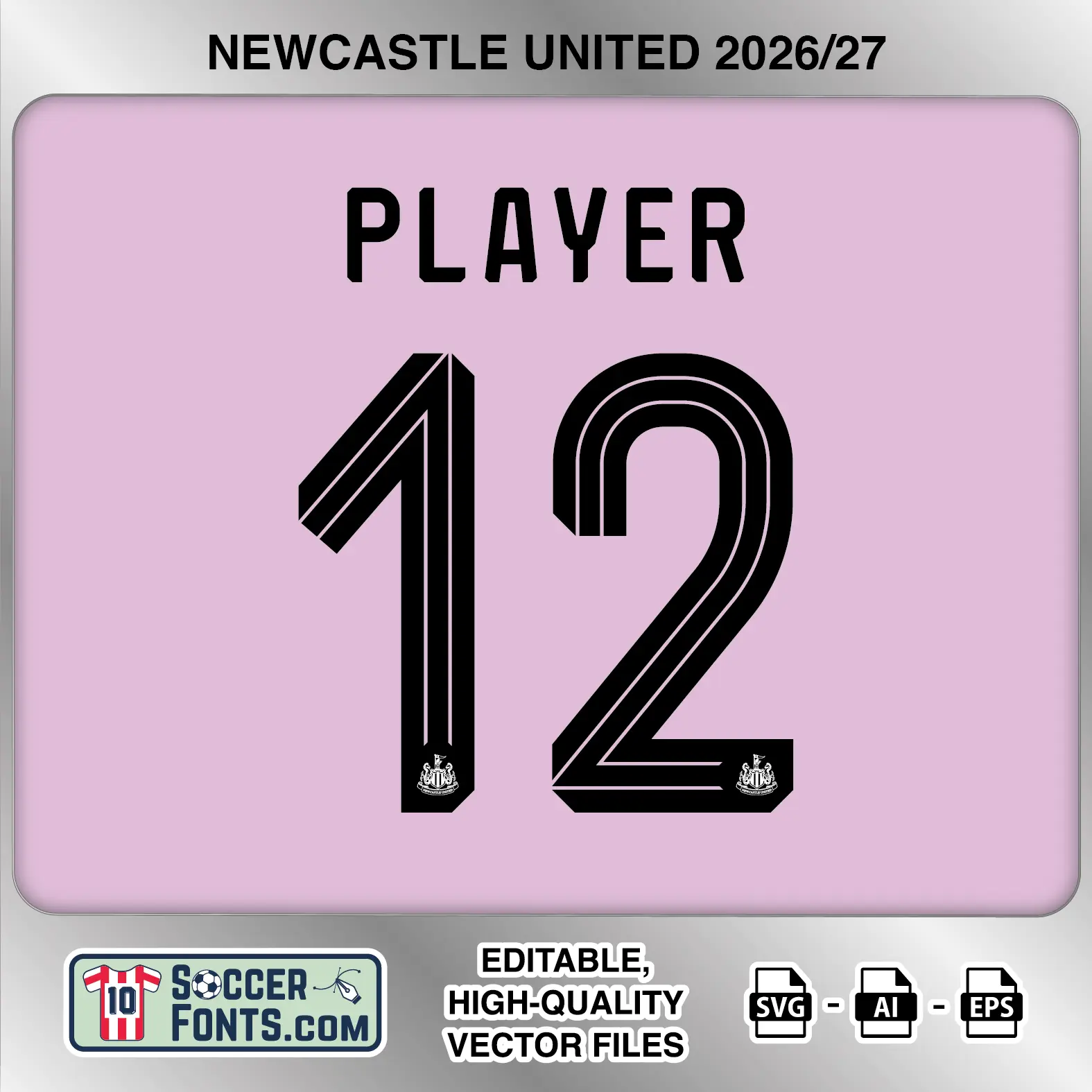 Newcastle United 2026-27 football shirt font on third jersey mockup with player name and number