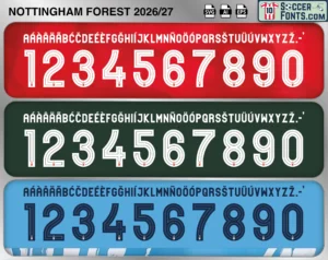 Nottingham Forest 2026-27 football shirt font showing alphabet letters and jersey numbers