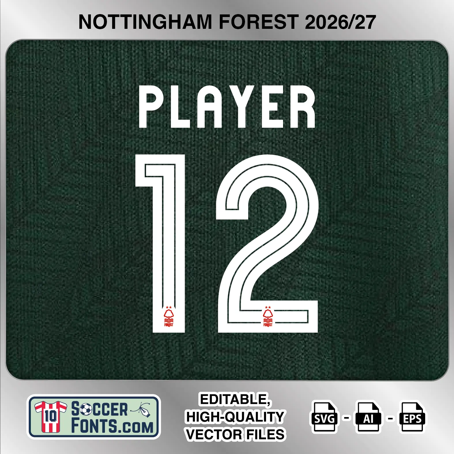 Nottingham Forest 2026-27 football shirt font on away jersey mockup with player name and number