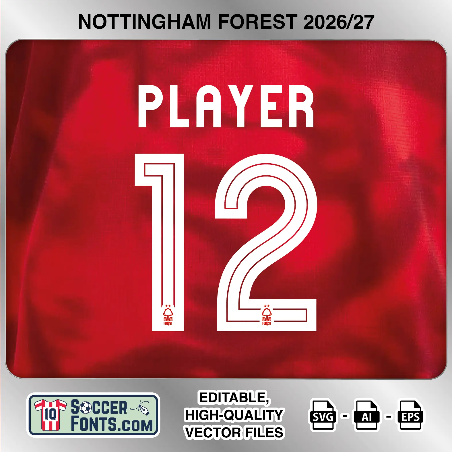 Nottingham Forest 2026-27 football shirt font on home jersey mockup with player name and number
