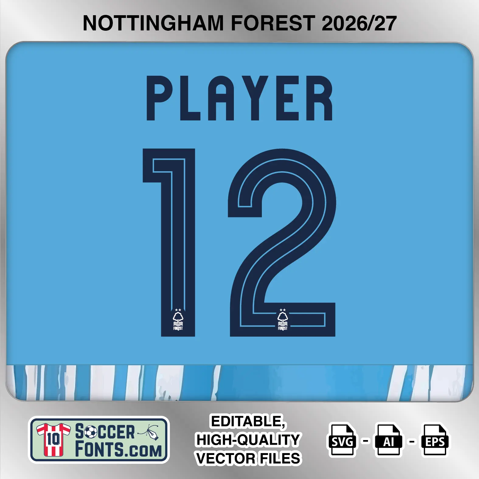 Nottingham Forest 2026-27 football shirt font on third jersey mockup with player name and number
