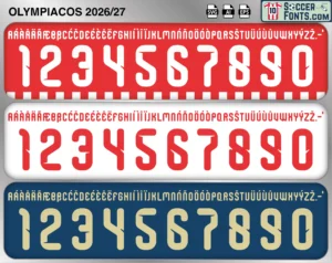 Olympiacos 2026-27 football shirt font showing alphabet letters and jersey numbers