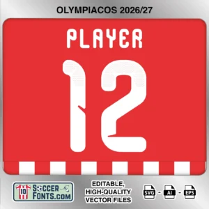Olympiacos 2026-27 football shirt font on home jersey mockup with player name and number