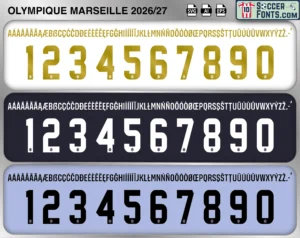 Olympique Marseille 2026-27 football shirt font showing alphabet letters and jersey numbers