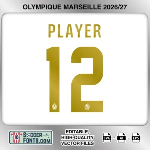 Olympique Marseille 2026-27 football shirt font on home jersey mockup with player name and number