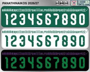 Panathinaikos 2026-27 football shirt font showing alphabet letters and jersey numbers