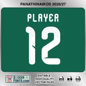 Panathinaikos 2026-27 football shirt font on home jersey mockup with player name and number