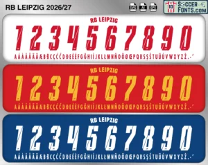 RB Leipzig 2026-27 football shirt font showing alphabet letters and jersey numbers