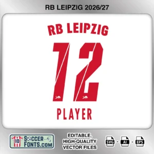 RB Leipzig 2026-27 football shirt font on home jersey mockup with player name and number