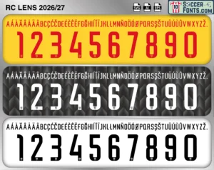 RC Lens 2026-27 football shirt font showing alphabet letters and jersey numbers