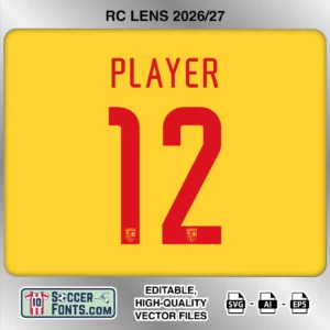 RC Lens 2026-27 football shirt font on home jersey mockup with player name and number