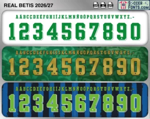 Real Betis 2026-27 football shirt font showing alphabet letters and jersey numbers