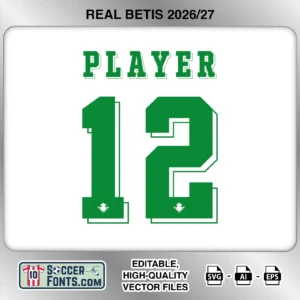 Real Betis 2026-27 football shirt font on home jersey mockup with player name and number