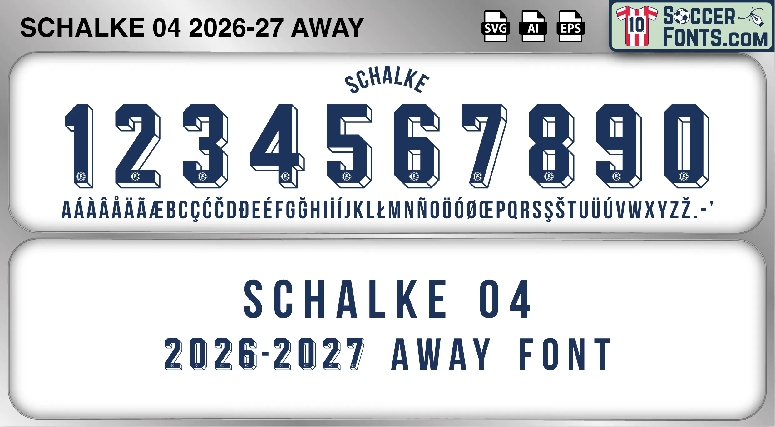 Schalke 04 2026-27 away football shirt font showing alphabet letters and jersey numbers