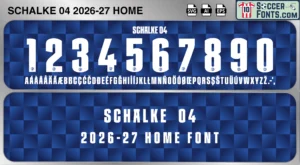 Schalke 04 2026-27 home football shirt font showing alphabet letters and jersey numbers