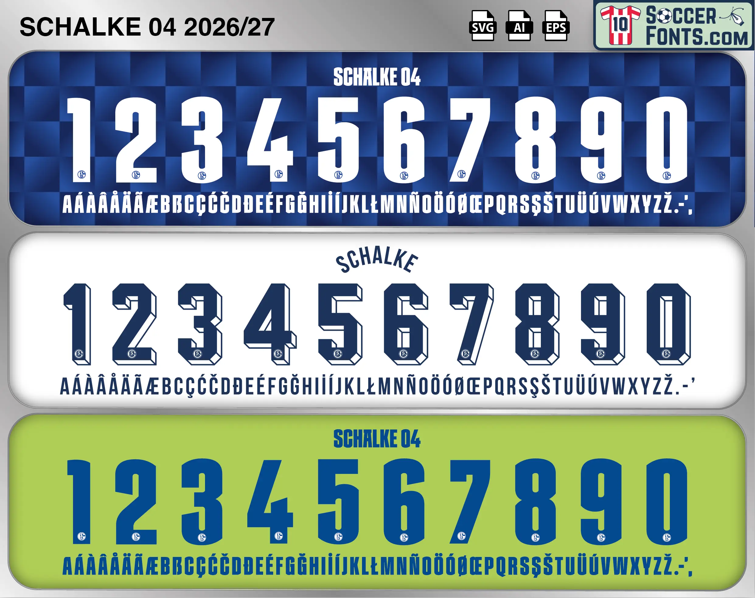 Schalke 04 2026-27 football shirt font showing alphabet letters and jersey numbers