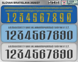 Slovan Bratislava 2026-27 football shirt font showing alphabet letters and jersey numbers