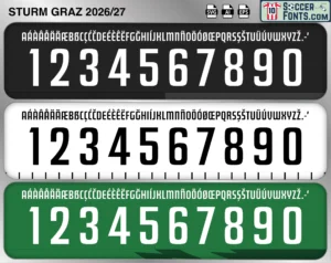 Sturm Graz 2026-27 football shirt font showing alphabet letters and jersey numbers