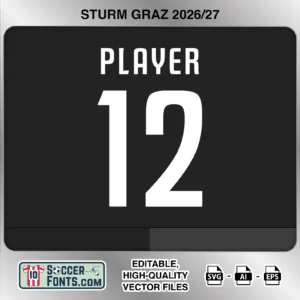 Sturm Graz 2026-27 football shirt font on home jersey mockup with player name and number