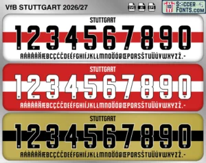 VfB Stuttgart 2026-27 football shirt font showing alphabet letters and jersey numbers