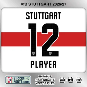 VfB Stuttgart 2026-27 football shirt font on home jersey mockup with player name and number