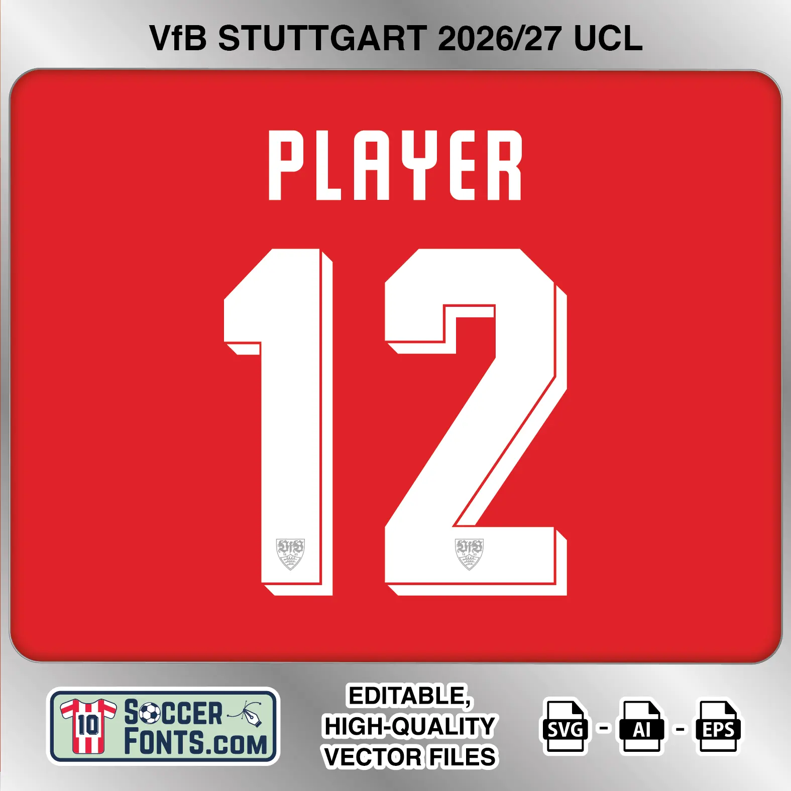 VfB Stuttgart 2026-27 football shirt font on UCL away jersey mockup with player name and number