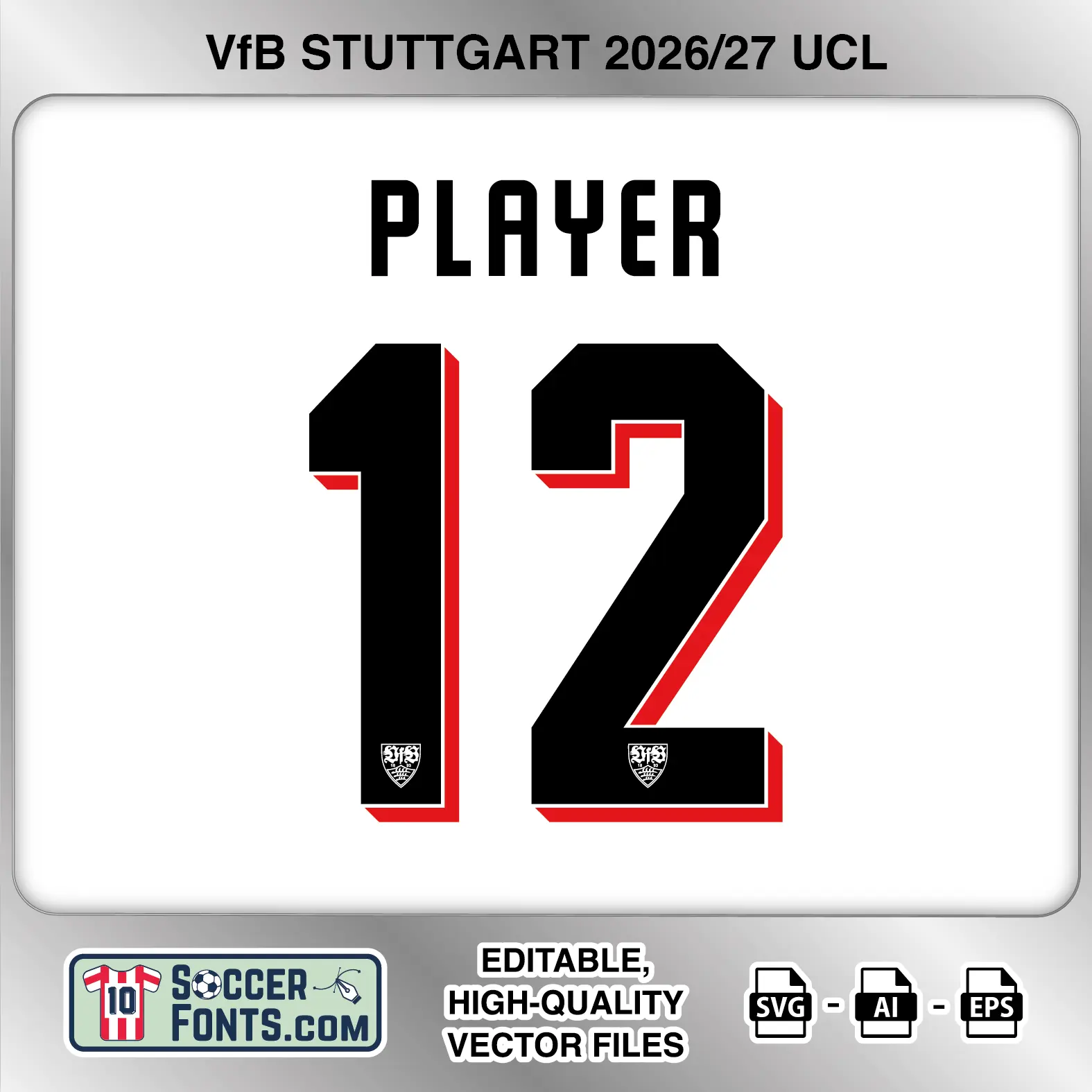 VfB Stuttgart 2026-27 football shirt font on UCL home jersey mockup with player name and number