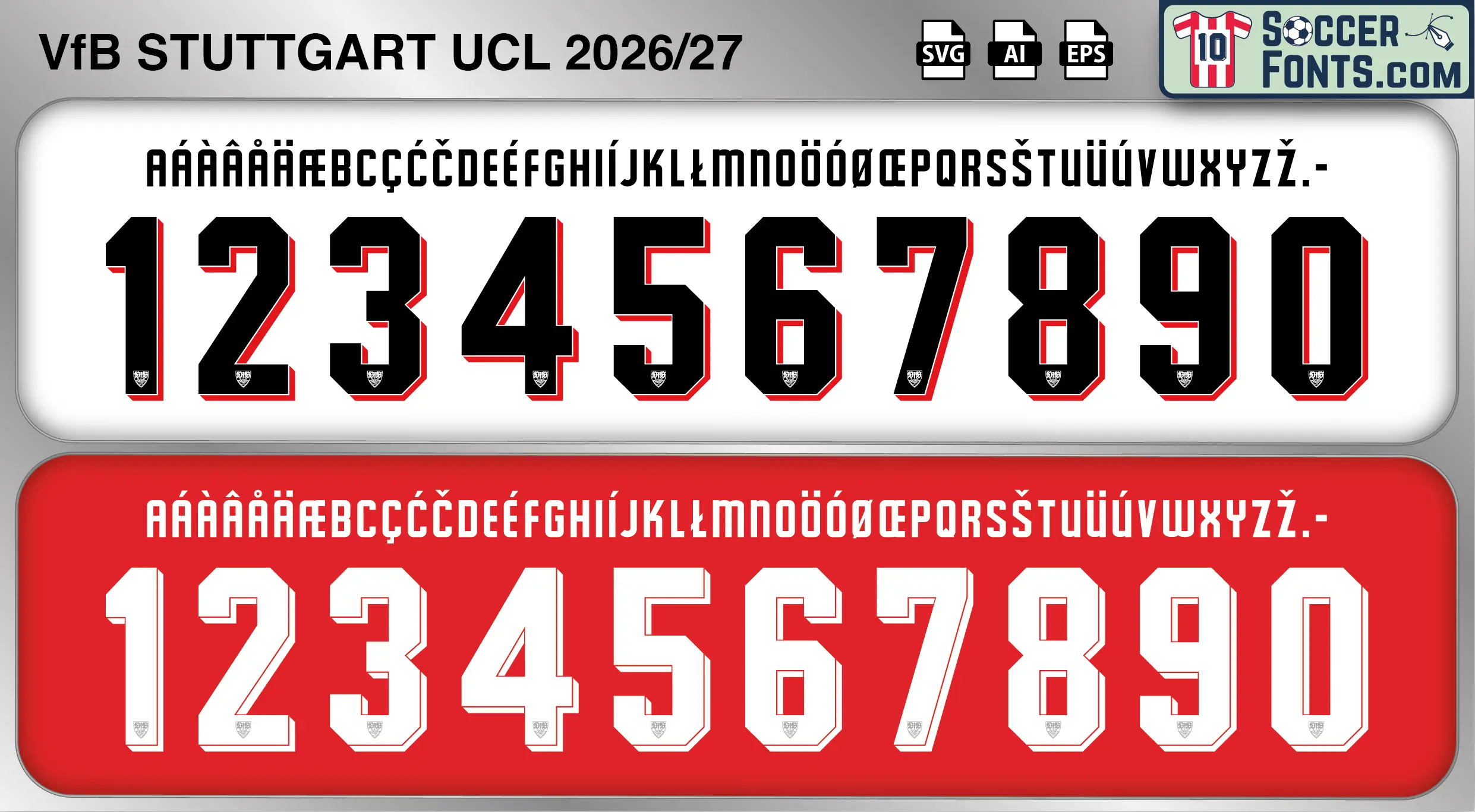 VfB Stuttgart 2026-27 UCL football shirt font showing alphabet letters and jersey numbers