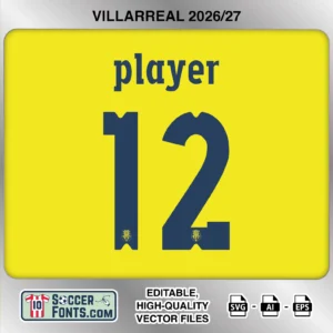 Villarreal 2026-27 football shirt font on home jersey mockup with player name and number
