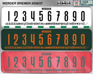 Werder Bremen 2026-27 football shirt font showing alphabet letters and jersey numbers