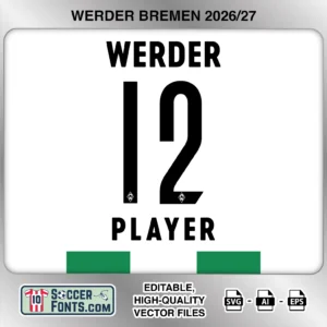 Werder Bremen 2026-27 football shirt font on home jersey mockup with player name and number