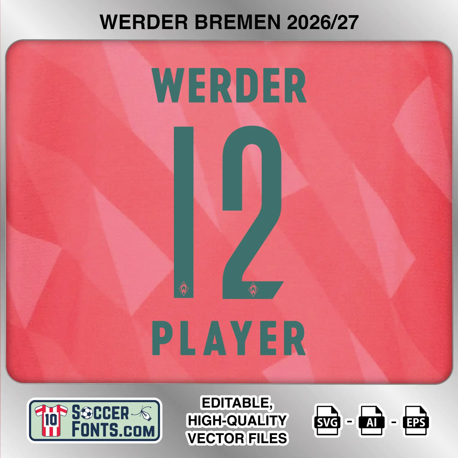 Werder Bremen 2026-27 football shirt font on third jersey mockup with player name and number