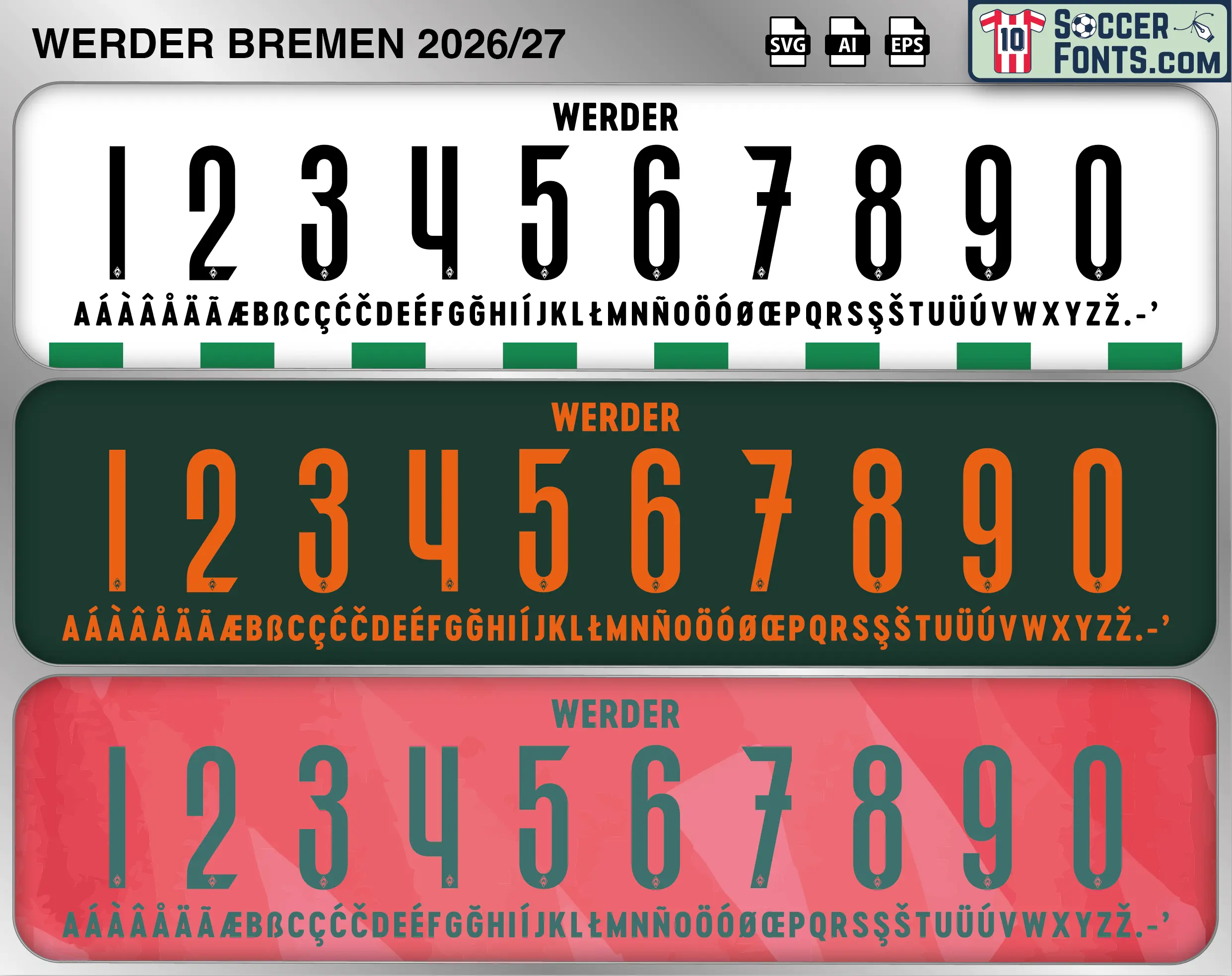 Werder Bremen 2026-27 football shirt font showing alphabet letters and jersey numbers