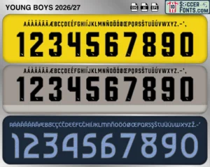 Young Boys 2026-27 football shirt font showing alphabet letters and jersey numbers