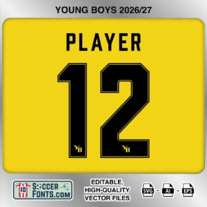 Young Boys 2026-27 football shirt font on home jersey mockup with player name and number