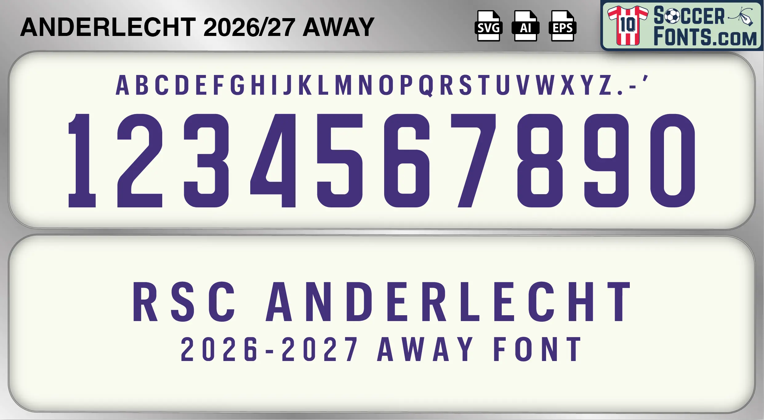 Anderlecht 2026-27 away football shirt font showing alphabet letters and jersey numbers