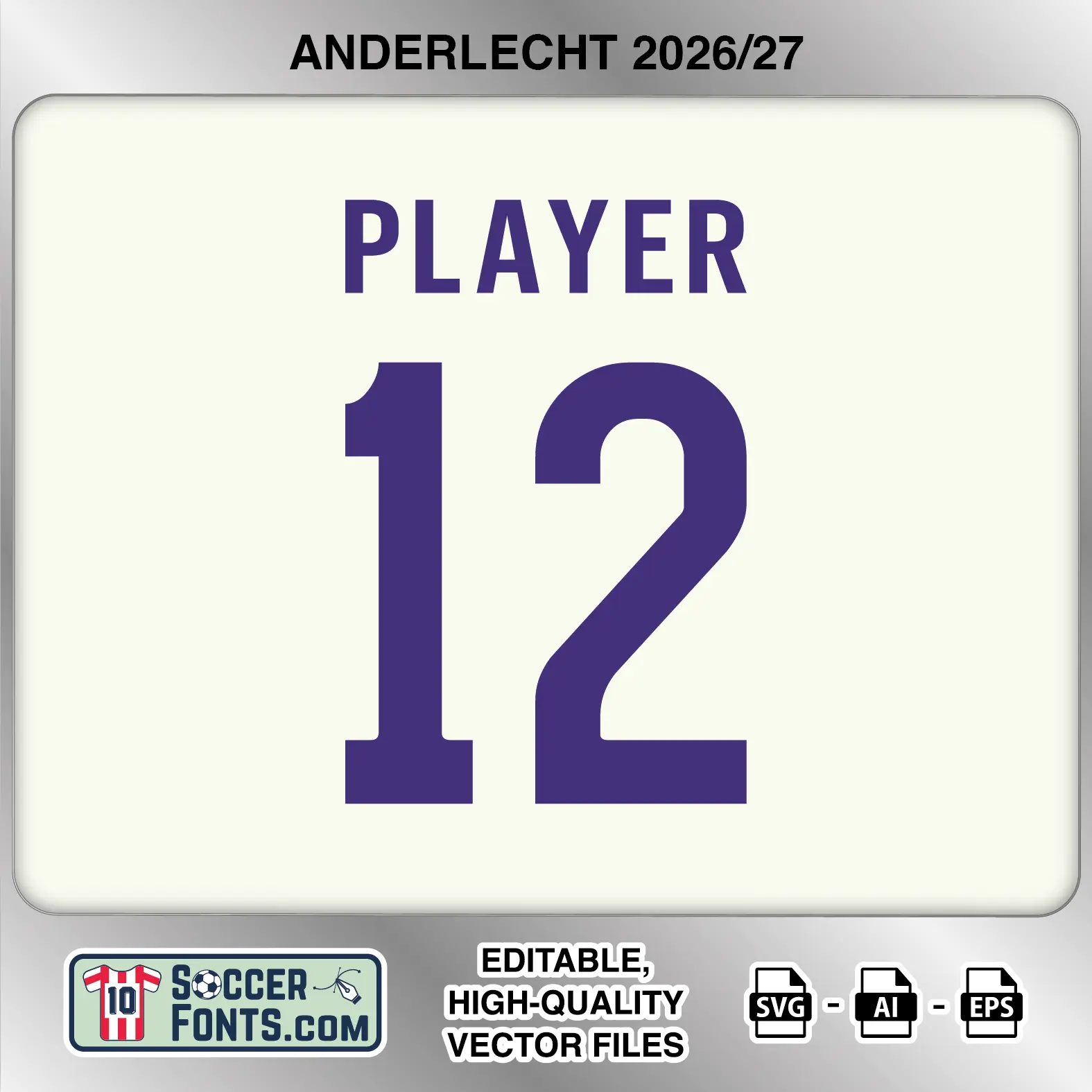 Anderlecht 2026-27 football shirt font on away jersey mockup with player name and number