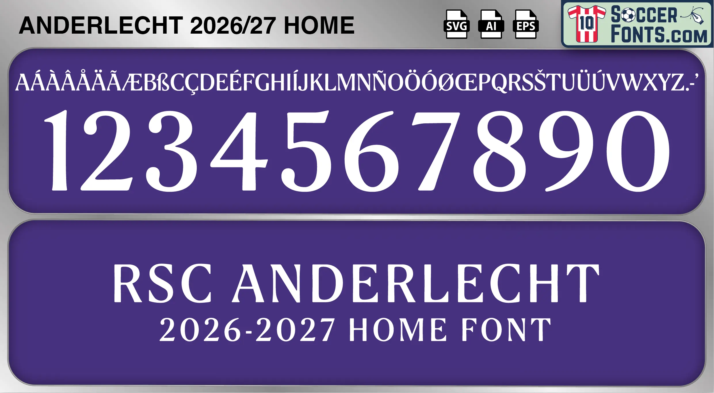 Anderlecht 2026-27 home football shirt font showing alphabet letters and jersey numbers