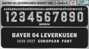 Bayer Leverkusen 2026-27 Europa League football shirt font showing alphabet letters and jersey numbers